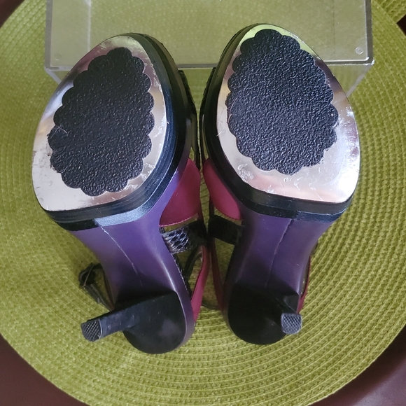 bebe Black Snakeskin, Raspberry Satin, Plum Purple Leather Peep-Toe Platforms - Picture 7 of 11